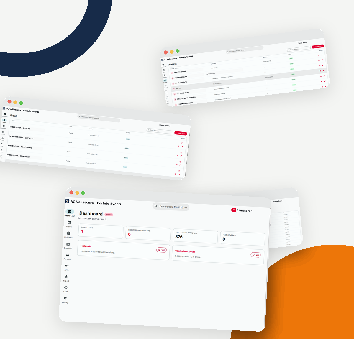 Interfaccia della piattaforma Match Area di Alfi: dashboard, gestione eventi e fornitori